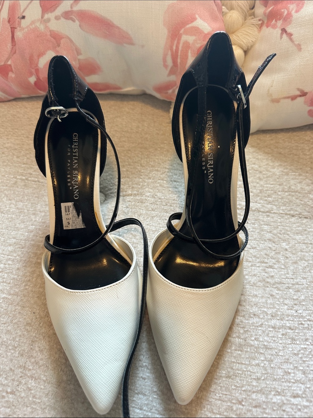 Christian Siriano Two-Tone White and Black Pointed-Toe Ankle Strap Pumps
